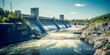 hydroelectric dam generating green energy from flowing water, with a cascading waterfall in the background. Generative Ai