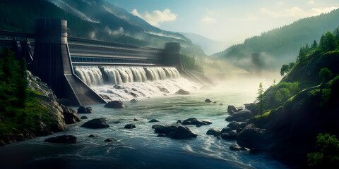 hydroelectric dam generating green energy from flowing water, with a cascading waterfall in the background. Generative Ai