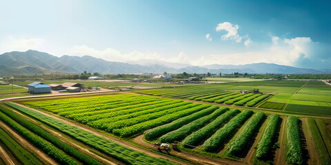 sprawling agricultural farm with fields of crops, tractors, and machinery involved in food productio