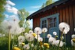 Lot of dandelions close-up on nature, AI