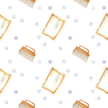 Seamless Pattern With A White Terry Towel In Orange Stripes And An Orange Cleaning Brush, Background With The Image Of Soap Bubbles. Watercolor Illustration. Suitable For The Design Of Postcards