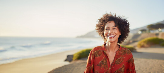 Wall Mural - Ai generated image of black mature female on the beach