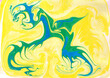 Emerald bird with elegantly open wavy wings with long feathers. Gentle background with marble texture. Light yellow-white cloud. Abstract festive wallpaper. Green dragon silhouette with blue splashes.