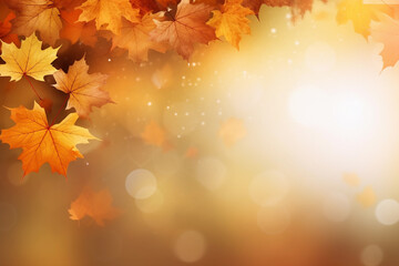 Wall Mural - Beautiful autumn abstract background with yellow leaves and sunshine, bokeh and glow. Falling leaves natural background. Generative AI technology