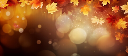 Wall Mural - Beautiful autumn abstract background with yellow leaves and sunshine, bokeh and glow. Falling leaves natural background. Generative AI technology