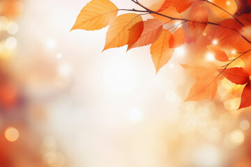Wall Mural - Beautiful autumn abstract background with yellow leaves and sunshine, bokeh and glow. Falling leaves natural background. Generative AI technology