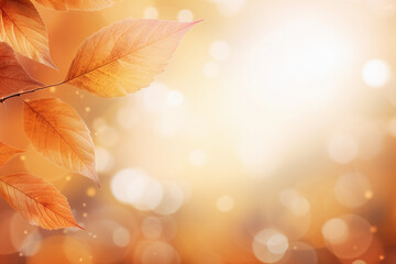 Wall Mural - Beautiful autumn abstract background with yellow leaves and sunshine, bokeh and glow. Falling leaves natural background. Generative AI technology