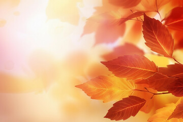 Wall Mural - Beautiful autumn abstract background with yellow leaves and sunshine, bokeh and glow. Falling leaves natural background. Generative AI technology