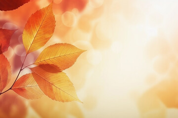 Wall Mural - Beautiful autumn abstract background with yellow leaves and sunshine, bokeh and glow. Falling leaves natural background. Generative AI technology