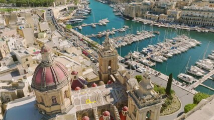 Wall Mural - Aerial drone view of the church of famous maltese old city Birgu, marina, yachts, boats. Malta island