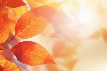 Wall Mural - Beautiful autumn abstract background with yellow leaves and sunshine, bokeh and glow. Falling leaves natural background. Generative AI technology
