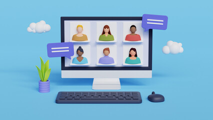 Wall Mural - online meeting, virtual conference video call, briefing, teamwork concept. 3d realistic illustration