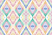 Modern Ikat Geometric Folklore Ornament With Diamonds. Tribal Ethnic Vector Texture. Seamless Striped Pattern In Aztec Style. Folk Embroidery. Indian. Scandinavian. Gypsy. African Rug.