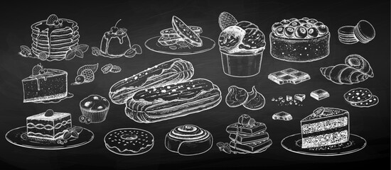 Wall Mural - Chalk sketh vector illustration set of desserts and bakery on chalkboard background