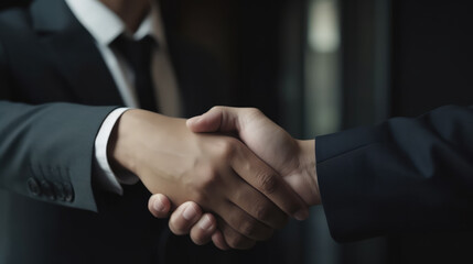 Close up of two shaking hands in business. Generative AI.