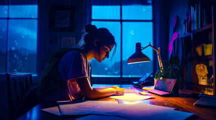 Wall Mural - Woman sitting at desk writing on piece of paper in front of window. Generative AI