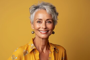 Wall Mural - Portrait of happy senior woman smiling at camera isolated over yellow background