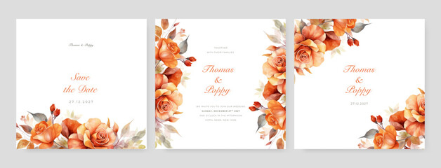 Fototapete - vector hand drawn orange floral wedding invitation card template