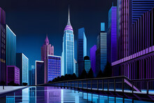 Modern City At Night With Bridge And Reflection In Water, Vector Illustration Background, Generative Ai