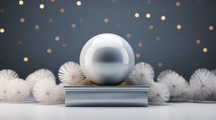 Wall Mural - merry christmas and happy new year. magic ball on podium with white dandelions. 3d rendering