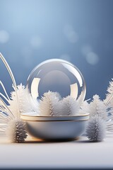 Wall Mural - Snow globe with white pine branches on a blue background. 3d render