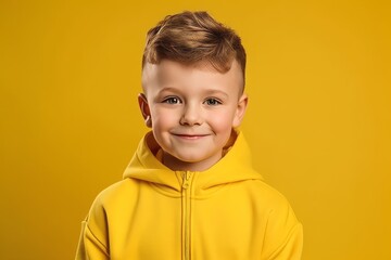 Wall Mural - Portrait of a little boy in a yellow hoodie on a yellow background