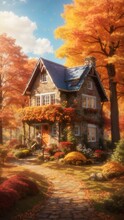  An Autumnal Scene With A Charming Little Cottage Nestled Among Colorful Trees, Leaves Falling Gently, A Crisp Breeze Carries The Scent Of Earth And Foliage, Warm Sunlight Filtering Through The Canopy