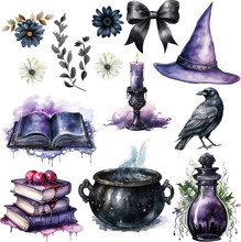 Watercolor Set Of Halloween Theme Witch Element  Vector Illustration