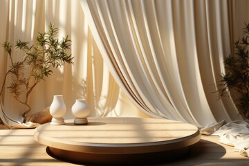 Wall Mural - wooden podium in room with curtains and plants, 3d render