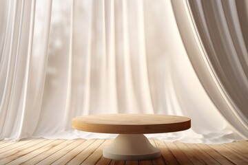 Wall Mural - wooden table in front of curtains. 3d rendering, mock up