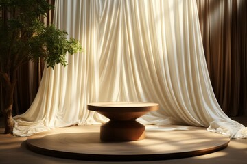Wall Mural - wooden round podium on table in room. mockup for design