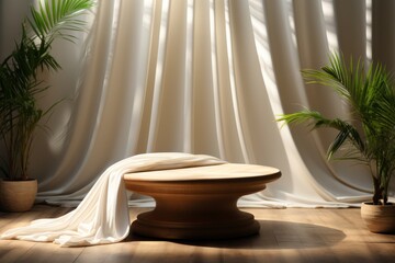 Wall Mural - wooden table with white cloth and plants in room. interior design