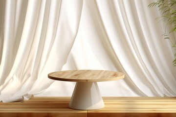 Wall Mural - wooden round table in front of white curtain. 3d rendering