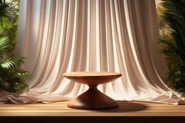 Wall Mural - wooden table in front of the curtain. 3d rendering.