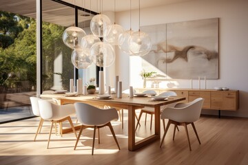 Wall Mural - interior of modern dining room with wooden table and chairs. 3d rendering