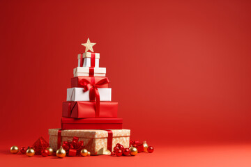 Wall Mural - A stack of red wrapped Christmas presents tied with ribbon