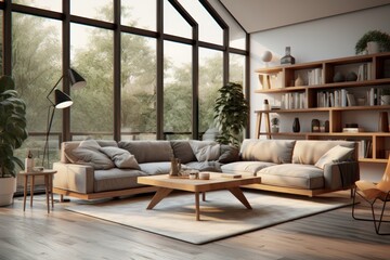 Wall Mural - interior of modern living room with white walls, wooden floor, comfortable sofa and coffee table. 3d