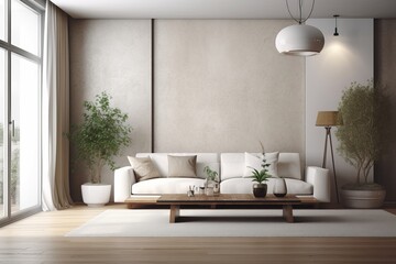 Wall Mural - modern living room interior with white sofa and wooden coffee table. 3d rendering