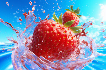 blue food healthy red freshness fruit splash water strawberry fresh background. Generative AI.