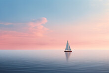 Single Sailing Boat That Sails On The Wide And Calm Ocean