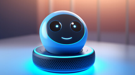 Illustration of smart virtual assistant technology with funny round smiling character above a home smart speaker or voice command virtual assistant device