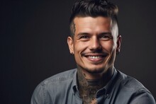 Young Man With Hairstyle And Tattoos, Smiling Self Confident, Neutral Background