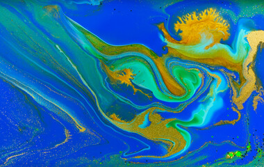 Liquid Flow of Gold and Blue Paint Pattern