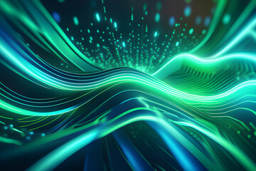 abstract futuristic background with green blue glowing neon moving high speed wave lines and bokeh l