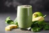 Fototapeta Przestrzenne - Glass of green smoothie with chia seeds, avocado and spinach on grey background