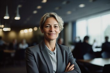 Wall Mural - Portrait of confident mature businesswoman standing with arms crossed in office