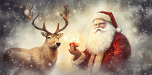 Reindeer Santa Sleigh Claus Vintage Illustration Greeting Card Snow Christmas. Generative AI.