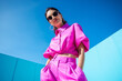 Gen-z beautiful asian fashionable female, wearing neon stylish clothes, happy, smiling, retro style in the style of Vaporwave fashion
