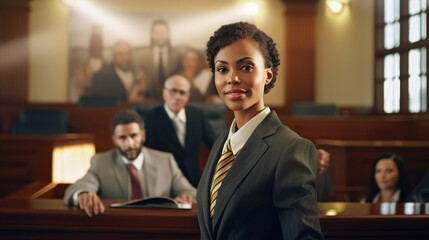Lawyer black woman in court room presents side interests in dispute before judge, attractive woman attorney appears in courtroom in front of jury, lawyer protects rights of defendant, generative AI
