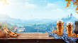 Oktoberfest German festival background with beer mug sausage pretzel and hop illustration